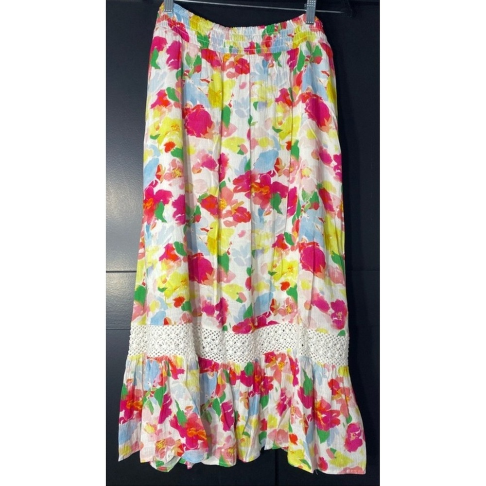 Juicy couture nwt M colorful floral maxi crochet skirt vacation travel prairie